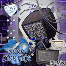 a purple background with a smiley face and the words good morning picmix on the bottom