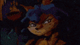 a pixel art drawing of a cat with a blue headband and a torch in the background .