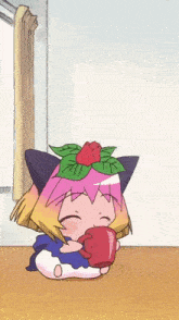 a little girl with a flower on her head drinking from a cup