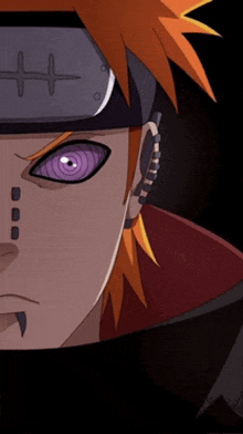 a close up of a cartoon character 's face with purple eyes