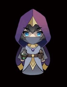 a cartoon character with blue eyes and a purple hood holding a bottle
