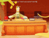 a cartoon character sits at a desk with the words " noob master " written above him