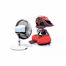a cartoon drawing of a woman sitting in front of a fan