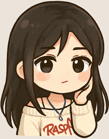 a drawing of a girl wearing a sweater that says raspa on it