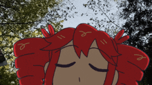 a cartoon drawing of a girl with red hair and the letter e on her head