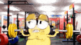 a yellow cartoon character is lifting a barbell in a gym .