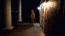 a man in a cardboard box carrying a box on his head