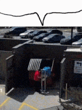 a drawing of a speech bubble above a parking lot with a sign pointing to the right