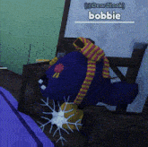 a cartoon character wearing a scarf and a hat is standing next to a snowflake in a room .