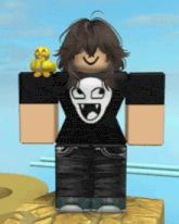 a cartoon character with a yellow duck on his shoulder