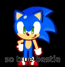 a pixel art of sonic the hedgehog with the words so true bestie below him