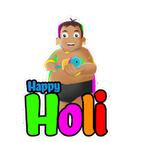 a cartoon of a man holding a bird and the words happy holi behind him