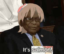 a man in a suit and tie is holding a sign that says ' it 's salmon '