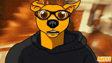 a cartoon dog wearing glasses and a black hoodie
