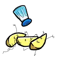 a cartoon drawing of a salt shaker being thrown at a group of lemon slices