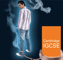a poster for cambridge igcse shows a man chained to a wall