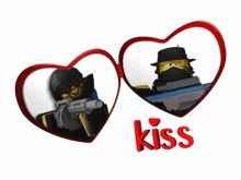 a couple of hearts with the word kiss in red