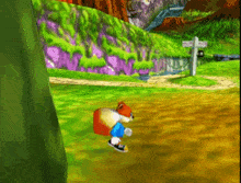 a cartoon character is walking down a path with a sign in the background that says ' mouth of the river '