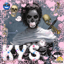 a girl with a pacifier in her mouth is surrounded by skulls and hearts and the word krys