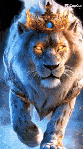 a white lion wearing a gold crown and glowing orange eyes .