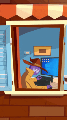 a cartoon of a man looking out a window at a computer screen