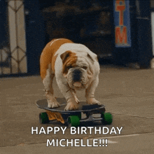 a bulldog is riding a skateboard down the street .