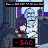 a cartoon of a girl and a man sitting in front of a computer .