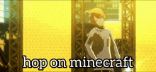 a picture of a boy with the words hop on minecraft on it