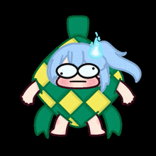 a cartoon drawing of a girl wrapped in a green blanket