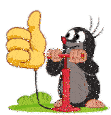 a cartoon mole is pumping a balloon with a red pump and giving a thumbs up .