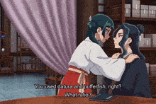 a cartoon of a woman talking to another woman with the words " you used datura and pufferfish right what ratio "