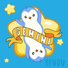 a penguin with a banner that says gemini on it
