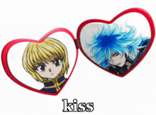 a couple of heart shaped mirrors with the words kiss on the bottom