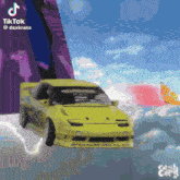a yellow car is flying through the air on a tiktok video by dexkranz