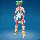 a video game character with green hair and red skin