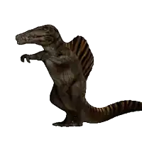 a striped dinosaur with a long tail is standing on its hind legs