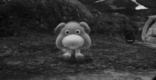 a stuffed animal is standing in front of a sign that says oatchii
