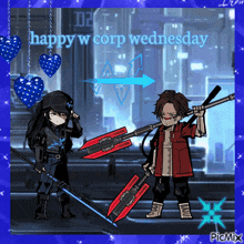 a happy w corp wednesday greeting card with two characters