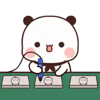 a cartoon panda bear is sitting at a table with a pen in its mouth .
