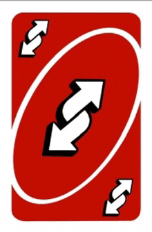 a red uno card with two white arrows pointing in opposite directions .