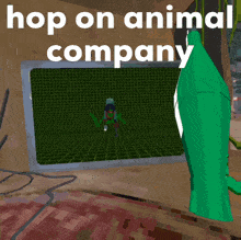a poster that says hop on animal company with a green hand holding a stick