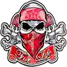a skull wearing a red bandana and headphones is on a white background .