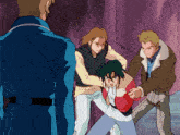 a man in a blue jacket is holding a boy in a red and white jacket
