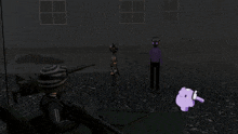 a computer generated image of a man holding a gun in front of a building