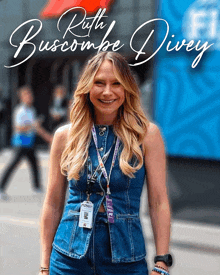 ruth buscombe divey is smiling and wearing a denim outfit