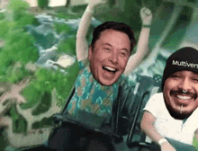 a man wearing a multiverse hat is riding a roller coaster with another man