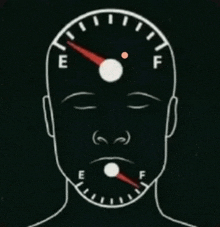 a drawing of a man 's head with a gauge on it that says e on it
