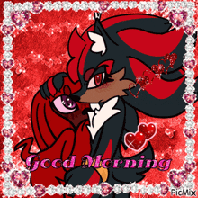 a picture of a shadow the hedgehog kissing a red devil with the words good morning written on the bottom