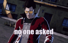 a man wearing sunglasses and a shirt that says more he no one asked is standing in front of a building
