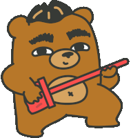 a brown bear with a mohawk is holding a red stick